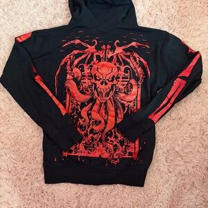Hot Topic Red and Black Zip Up Hoodie with Skull Octopus Skelton Arms Sz S